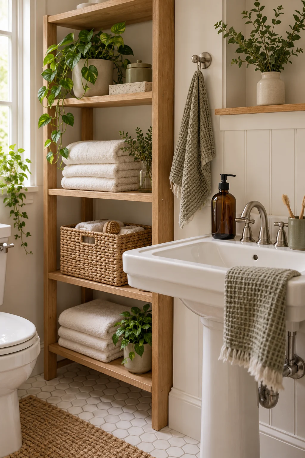 Bathroom vanity beside open shelving for towels and baskets
