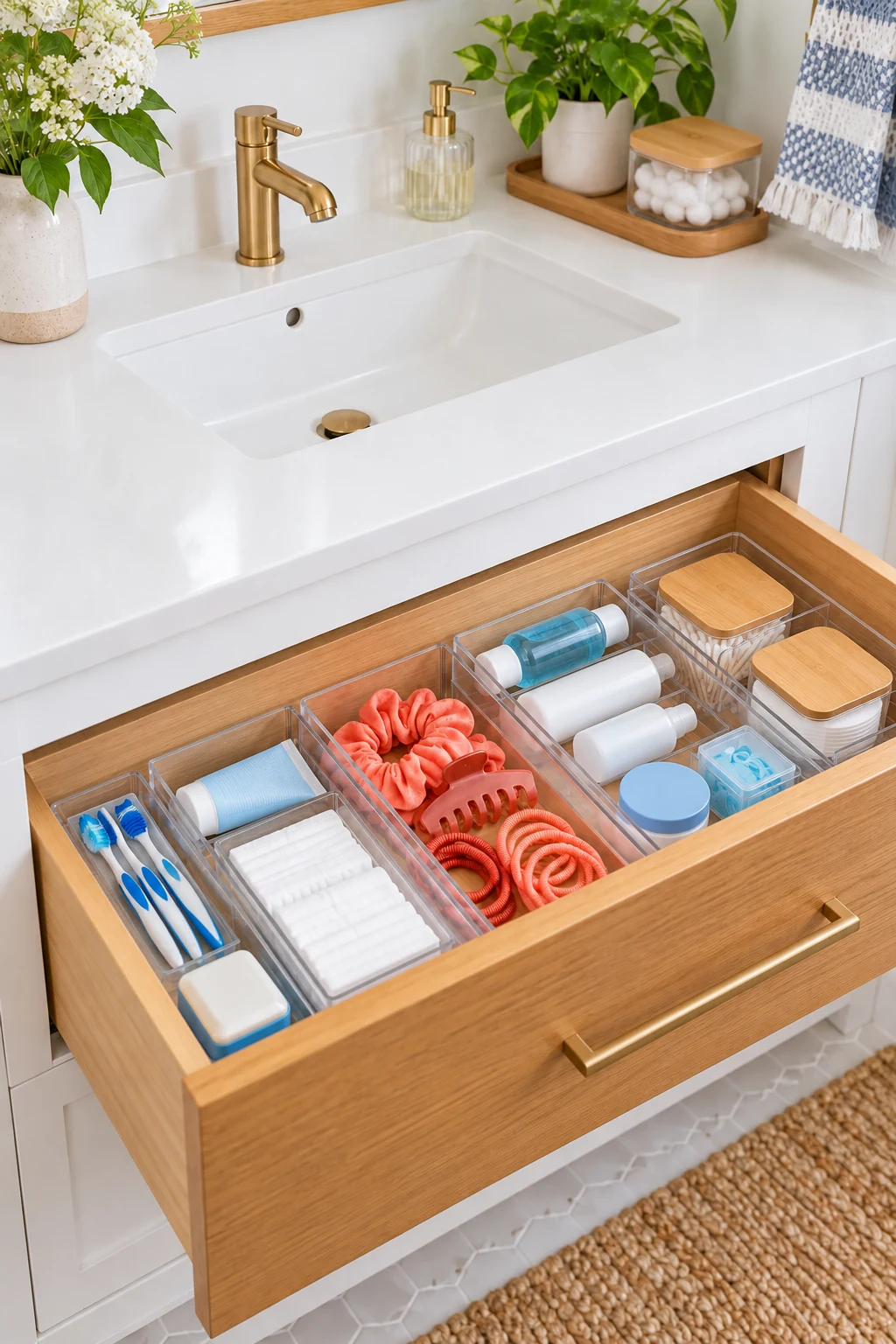 Oak vanity drawer with flat toothbrushes, coral accessories and divided toiletries.
