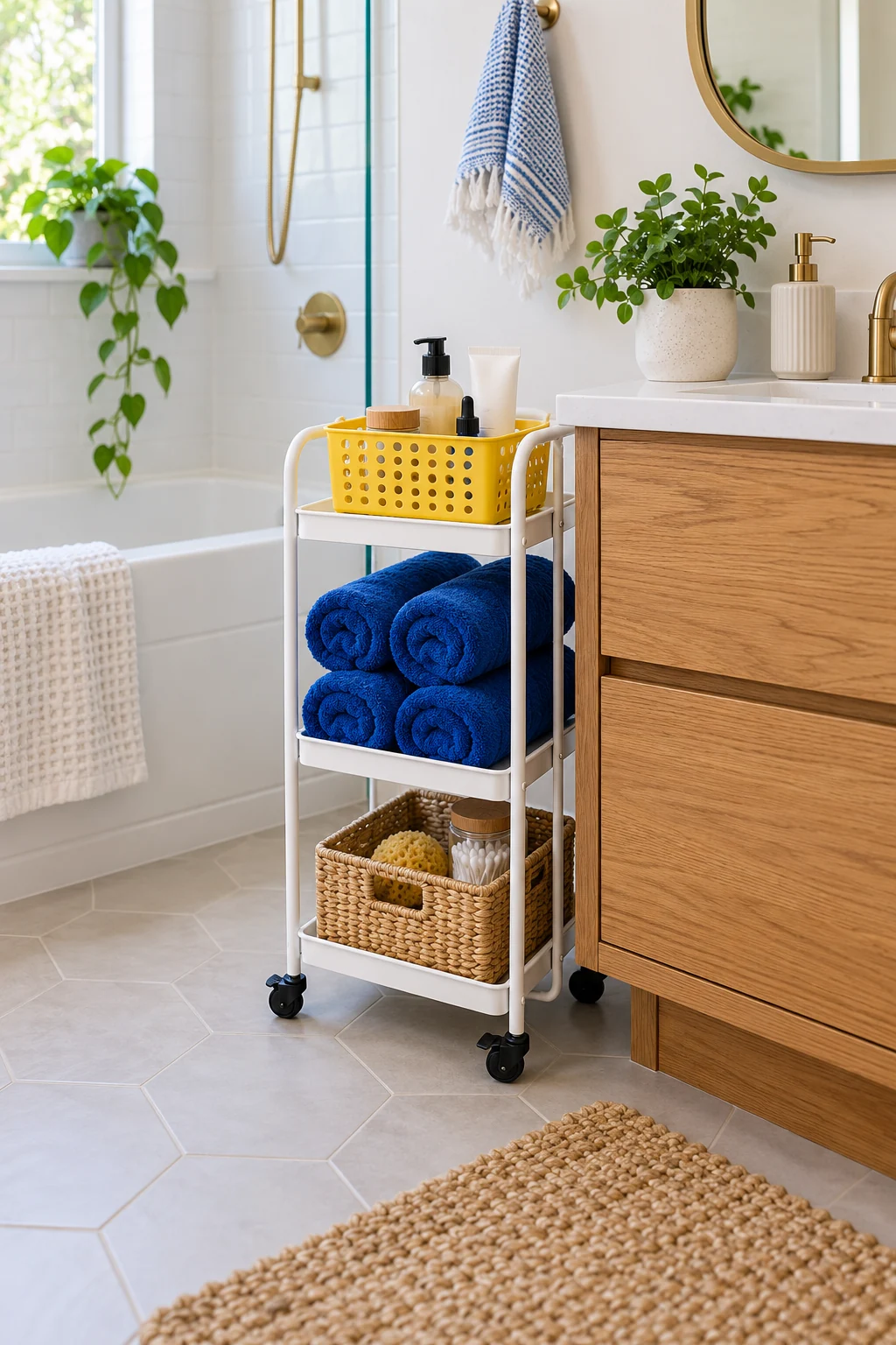 White bathroom cart with cobalt towels and a yellow toiletries basket.