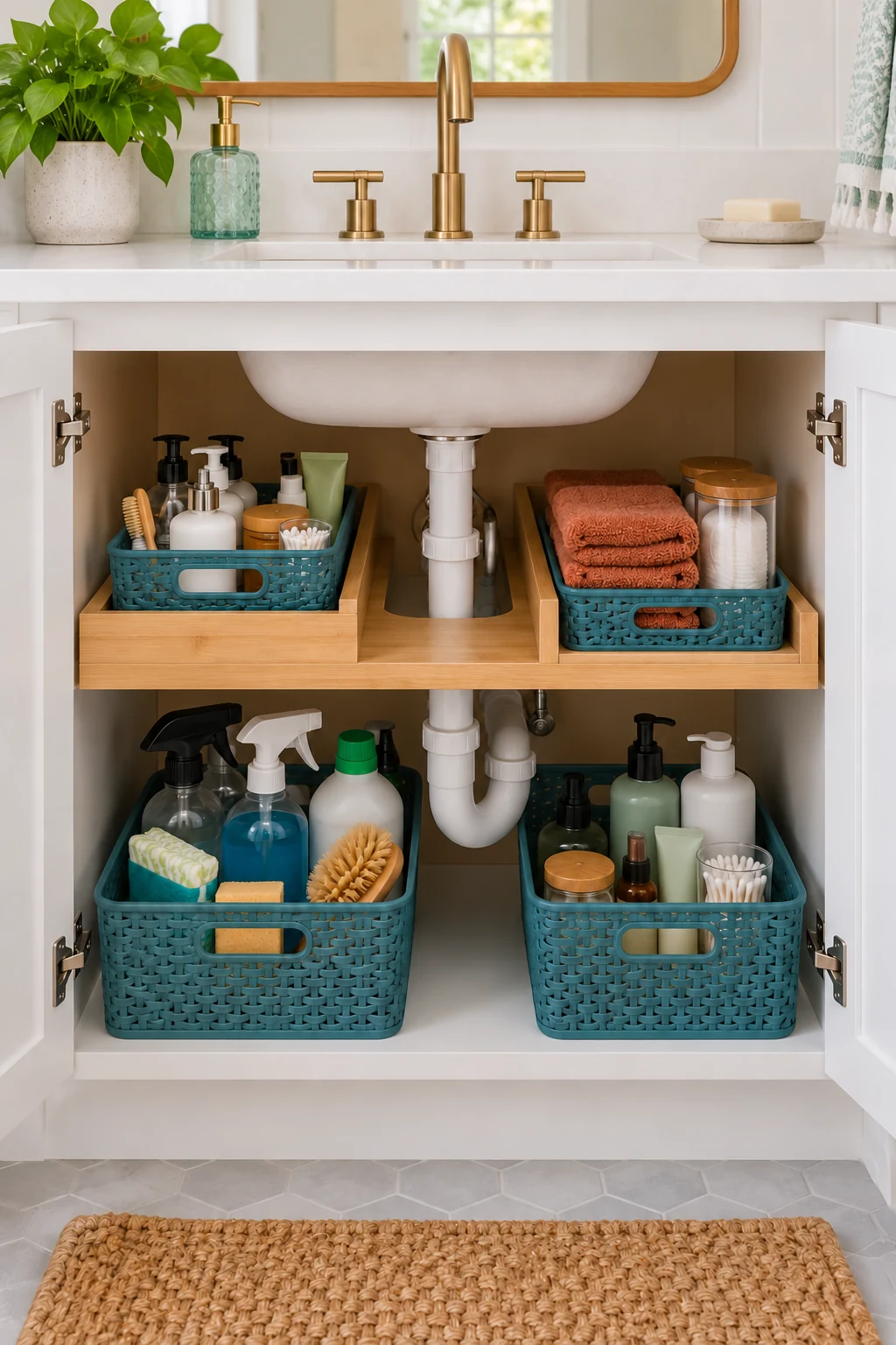 Under-sink baskets and a U-shaped shelf leave drain pipes accessible.