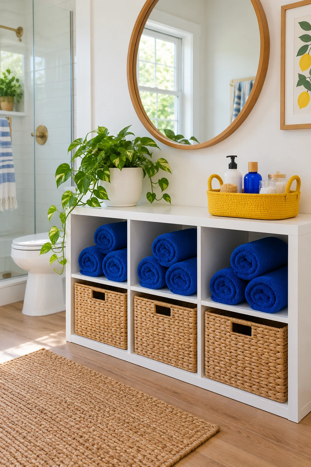 Low white bathroom cubbies with cobalt towels and a yellow basket.