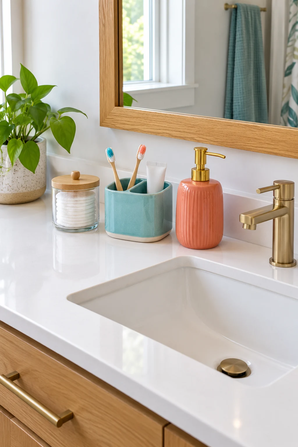 Aqua toothbrush holder and coral soap dispenser on a clear white counter.