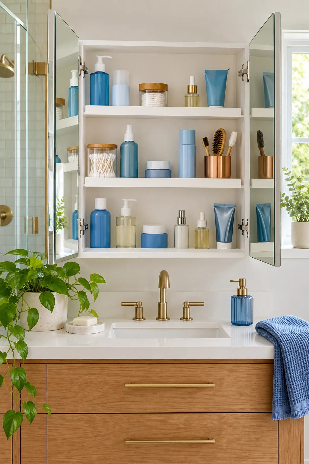 Open mirrored bathroom cabinet with blue bottles and a copper grooming cup.