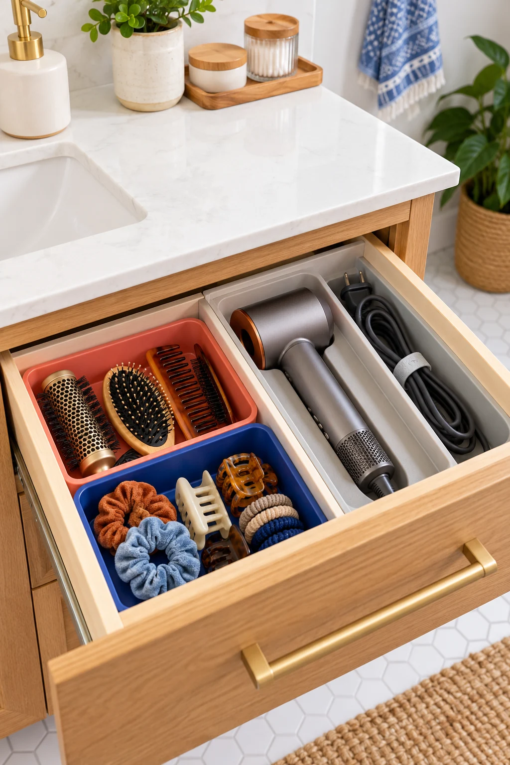 Vanity drawer separates an unplugged hair dryer, cord, brushes and clips.