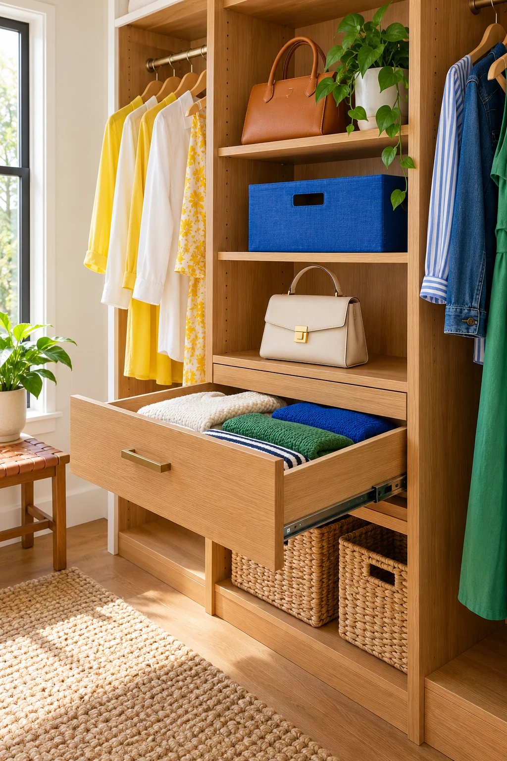Honey-oak closet tower with an open sweater drawer, handbags and yellow shirts.