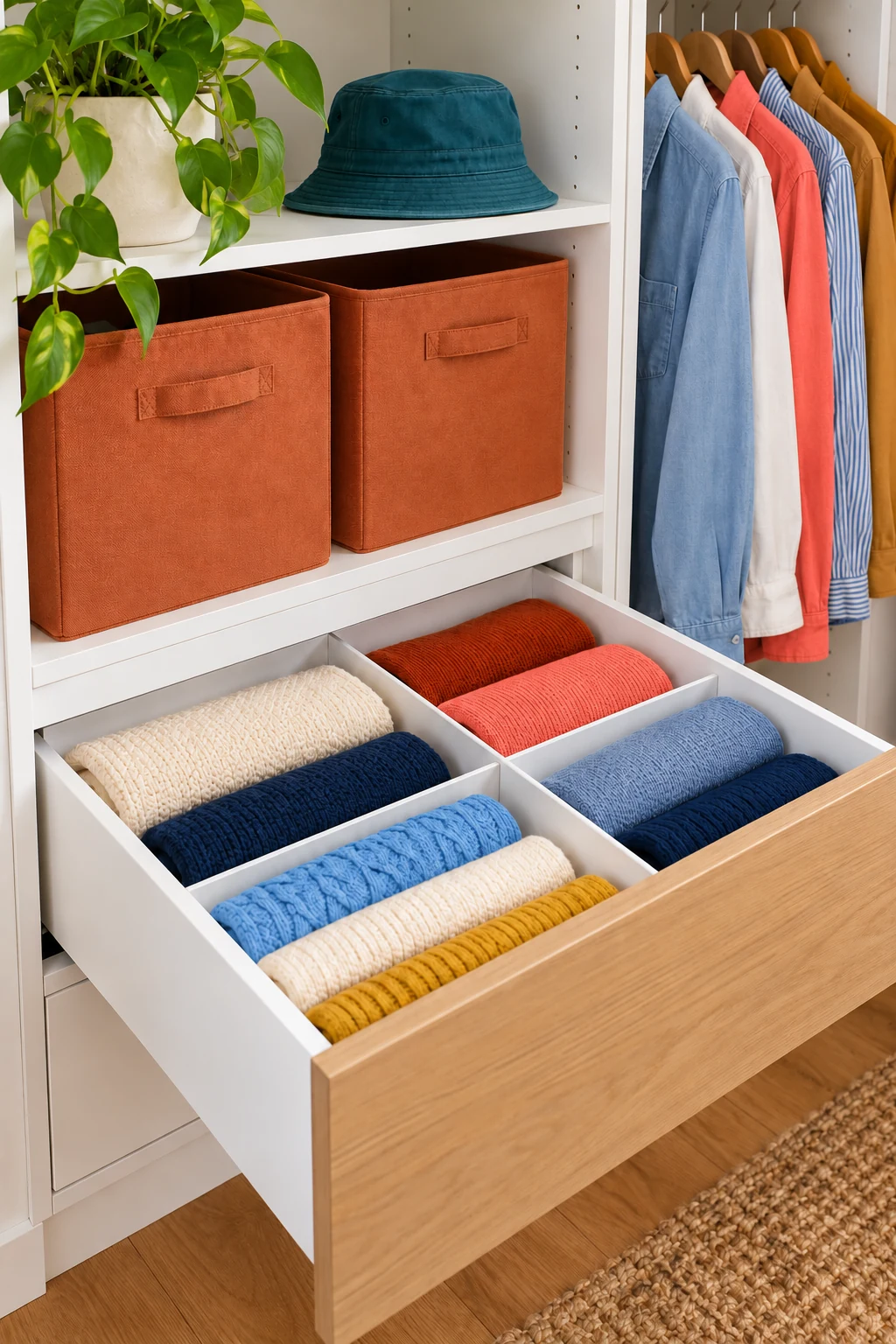 Divided wardrobe drawer with colorful folded sweaters beneath terracotta storage cubes and a teal hat.