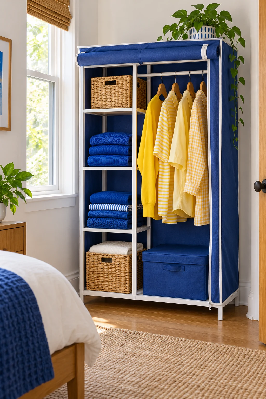 Compact portable wardrobe with cobalt fabric cover, blue sweaters and yellow shirts.
