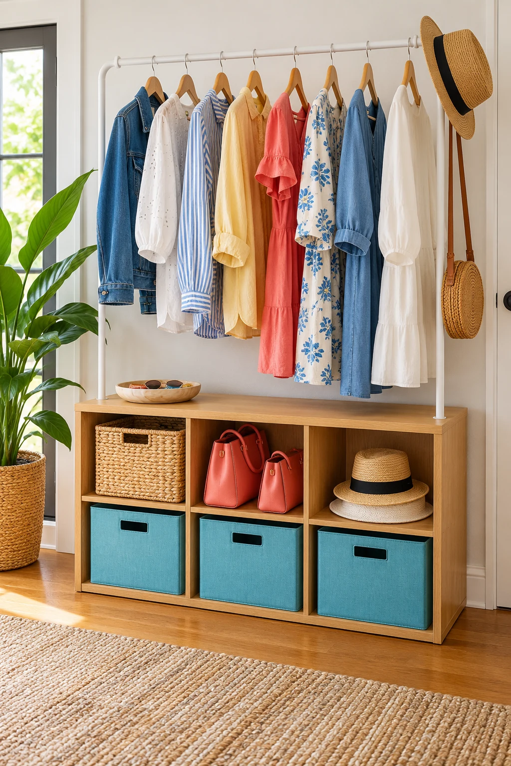 Oak cubby storage with aqua baskets and coral handbags beneath a white clothing rail.