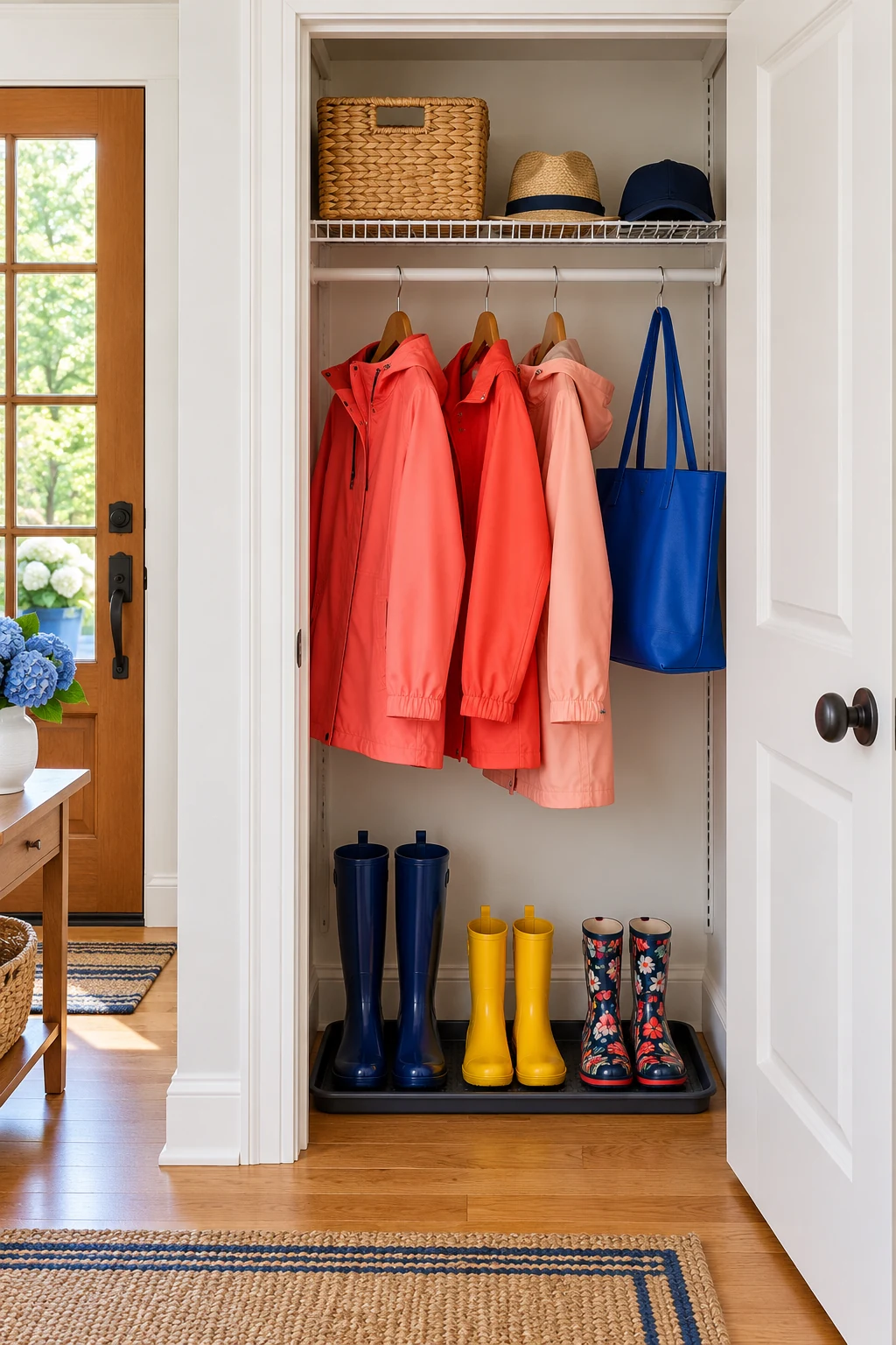 Entry coat closet with coral raincoats, cobalt tote, hats and a boot tray.