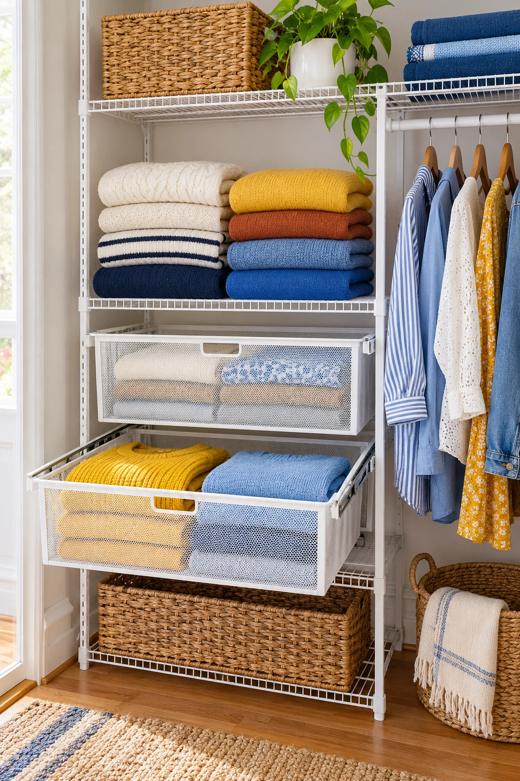 White wire closet tower with guided mesh drawers and folded yellow and blue sweaters.
