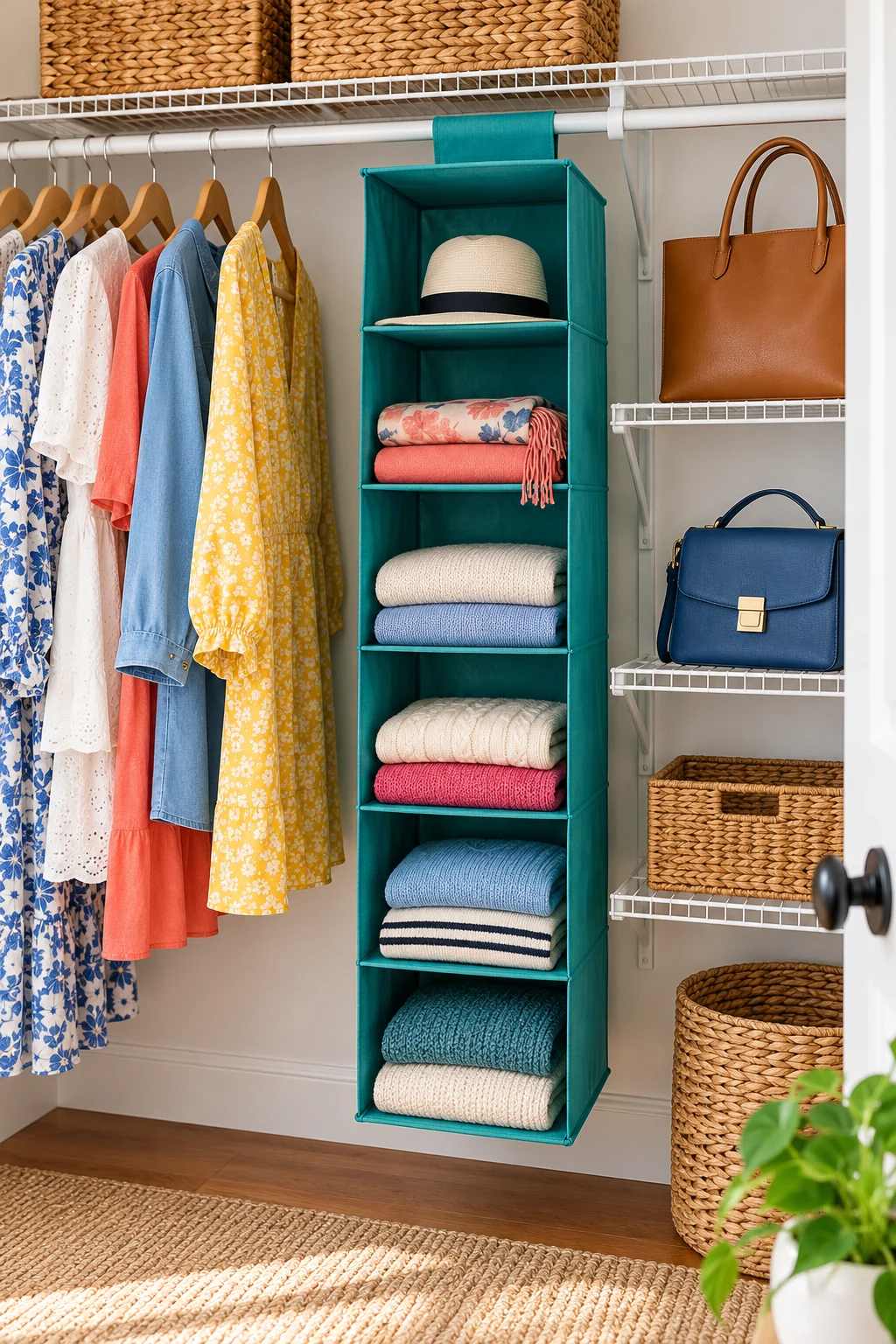 Teal hanging closet organizer with lightweight sweaters, scarves and a hat beside handbag shelves.