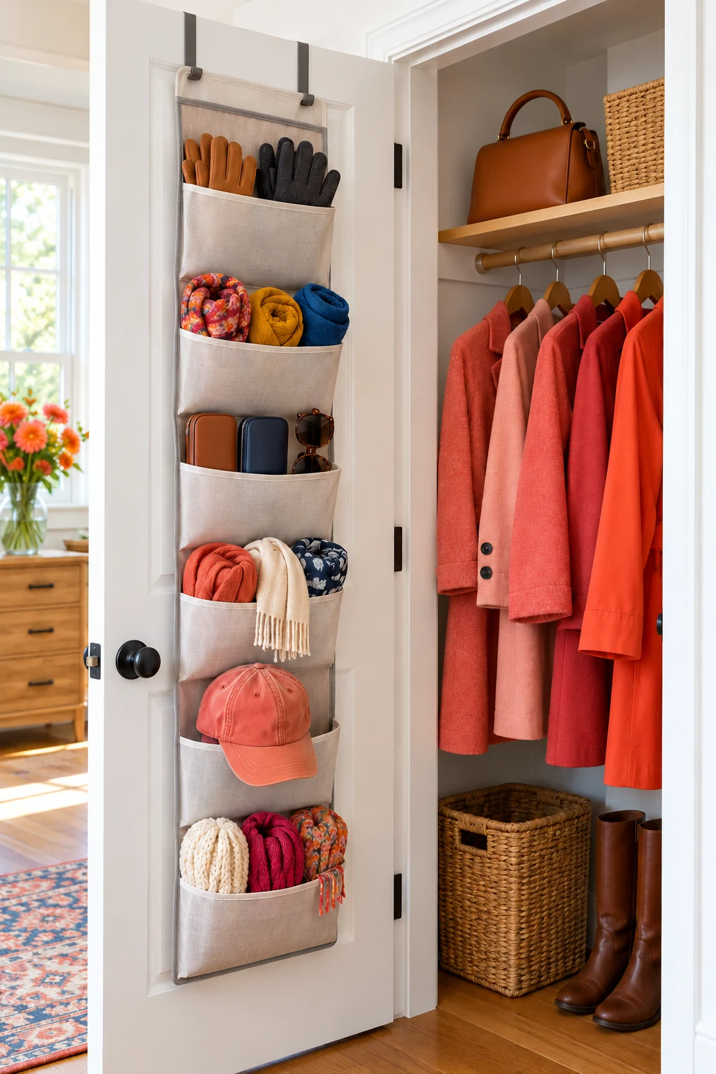 Over-door pocket organizer holding gloves, scarves, eyewear cases and a cap beside coral coats.