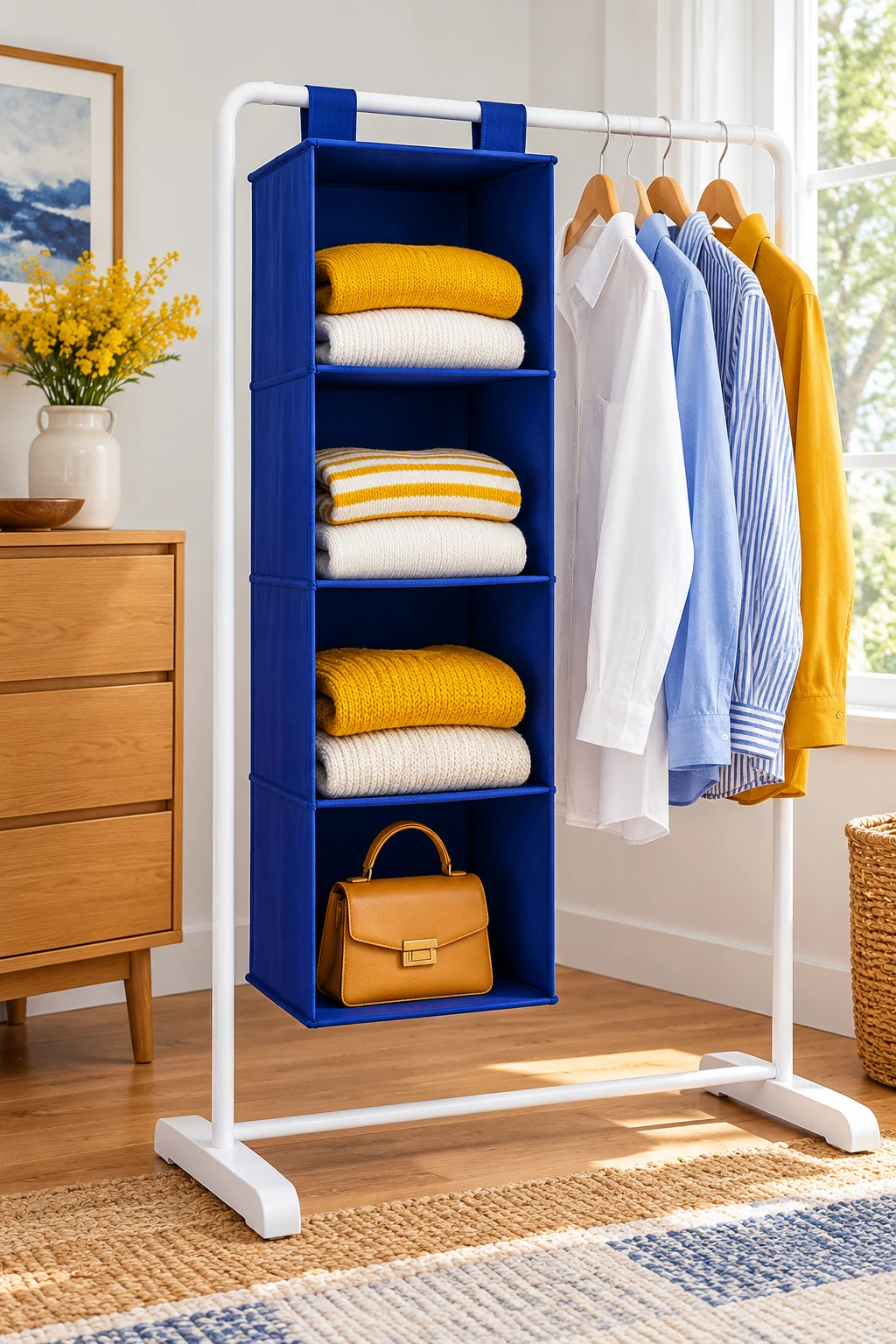 White freestanding rail with cobalt hanging shelves, yellow sweaters and a small handbag.