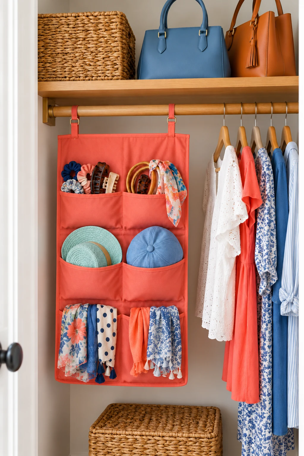 Coral hanging pocket caddy with hair accessories, scarves and aqua and blue hats below an oak shelf.