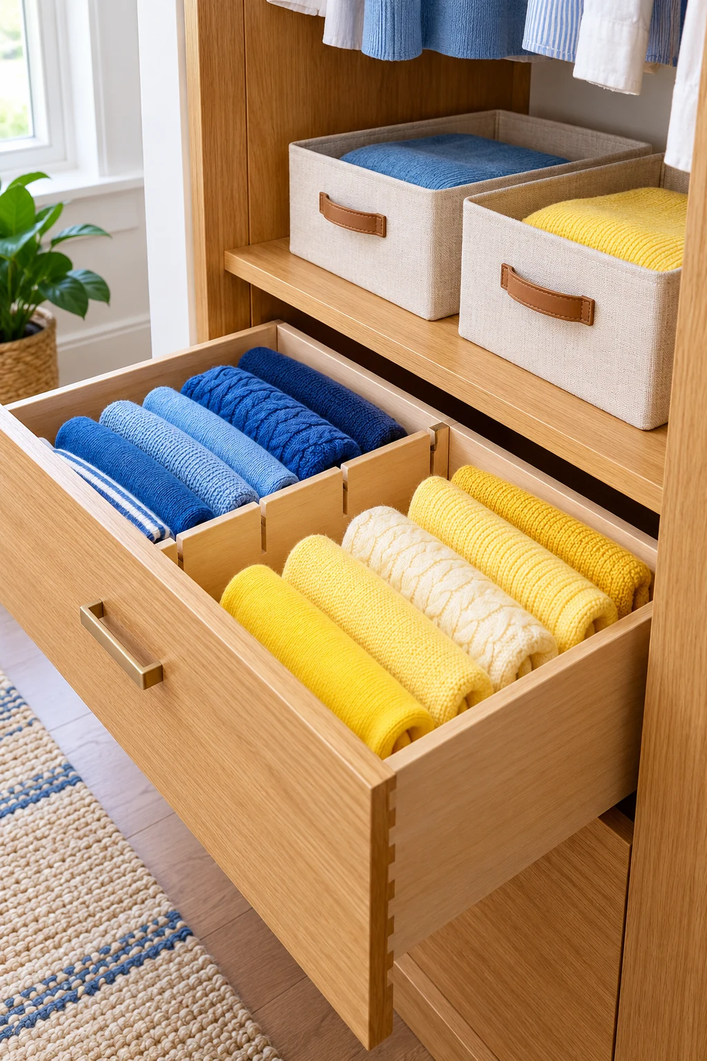 Open oak drawer with removable dividers and file-folded blue and lemon sweaters.