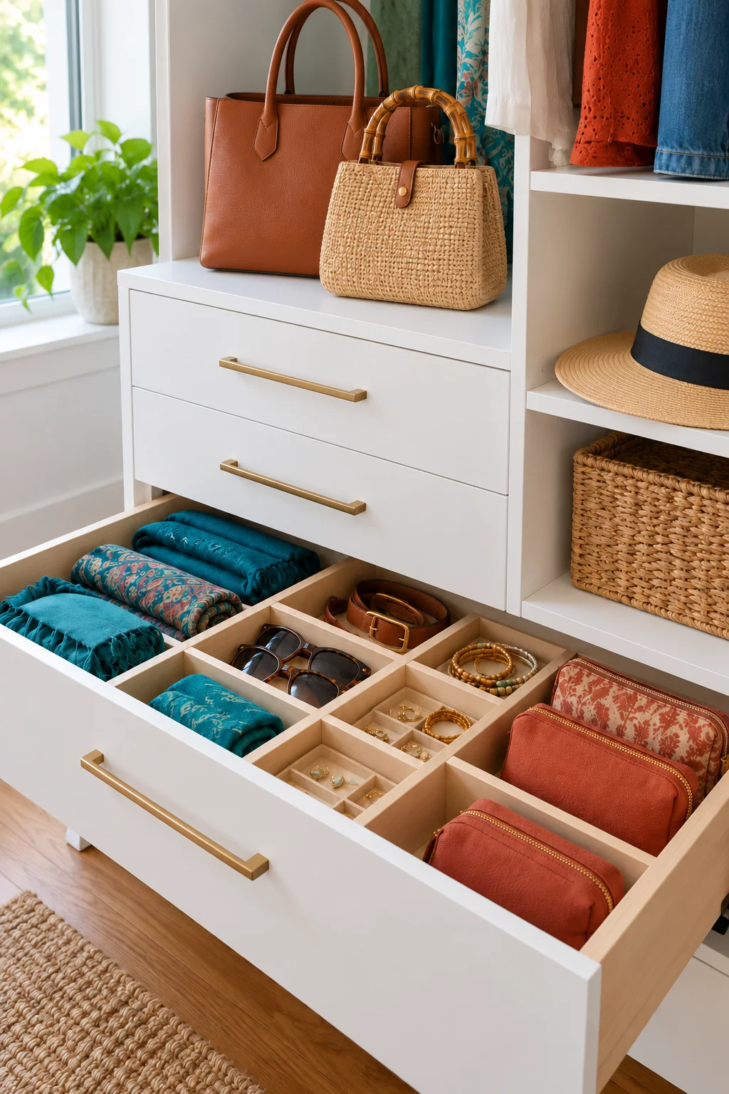 Open divided closet drawer with teal scarves and terracotta pouches beneath two handbags and a straw hat.