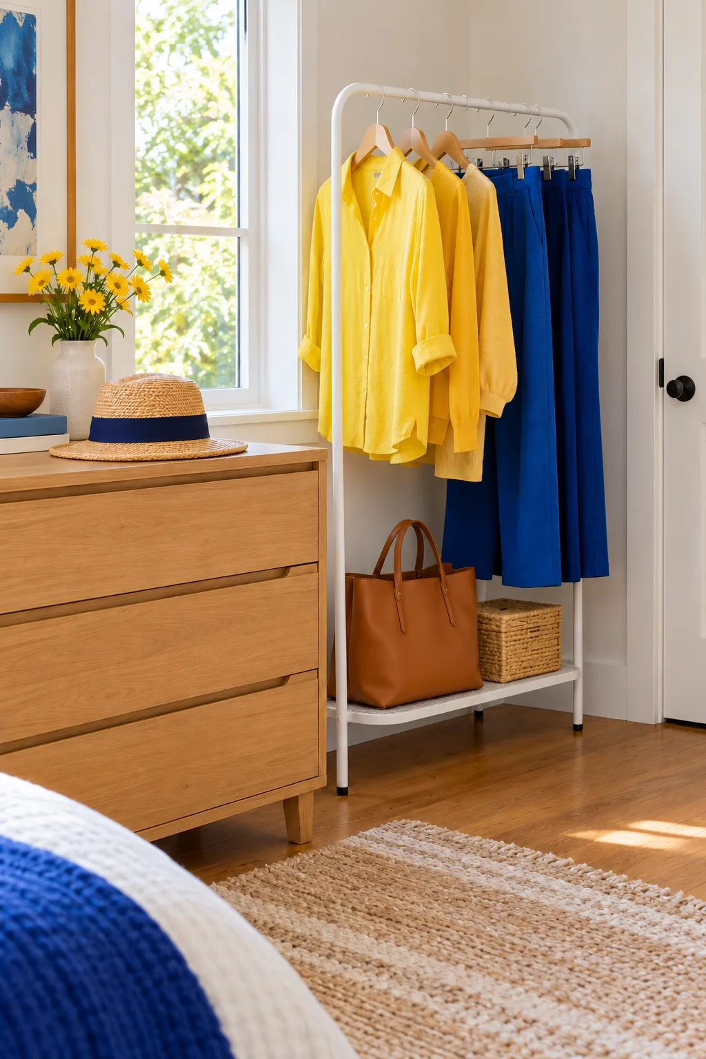 Yellow shirts and cobalt trousers on a white garment rack beside an oak dresser and straw hat.