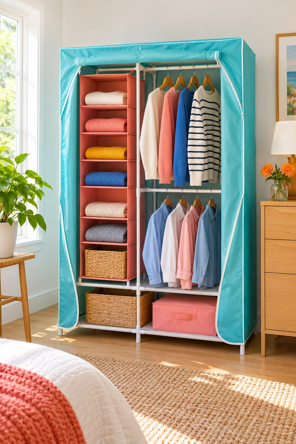 Aqua portable wardrobe with an open cover, coral fabric cubbies, folded knits and hanging shirts.