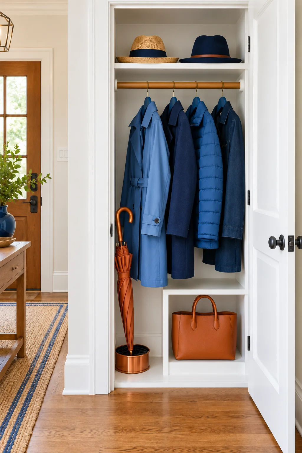 White entry closet with blue coats, two hats, an umbrella in a copper drip tray and a handbag cubby.