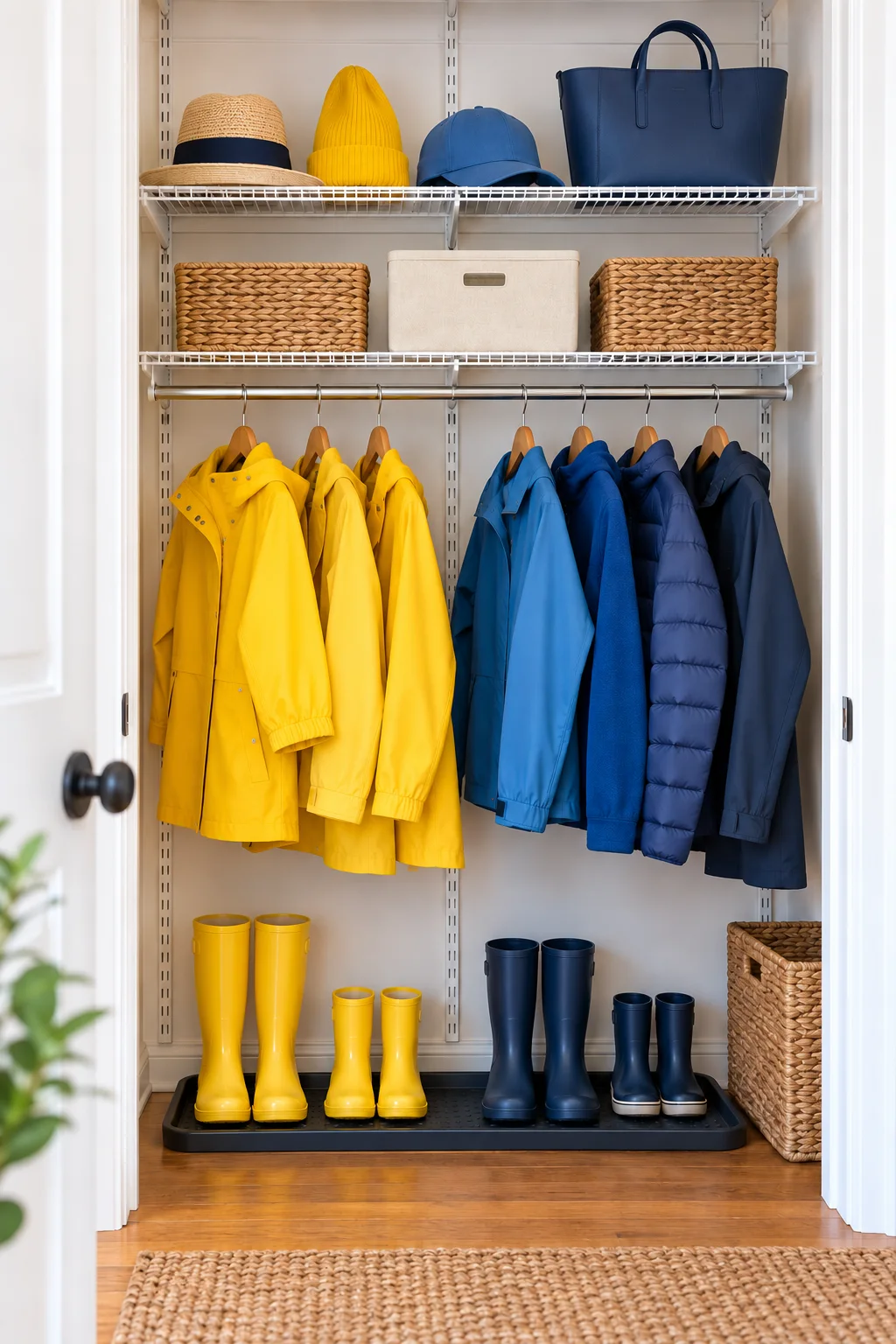 White wire entry closet with yellow raincoats, blue jackets, hats, baskets and boots on a tray.