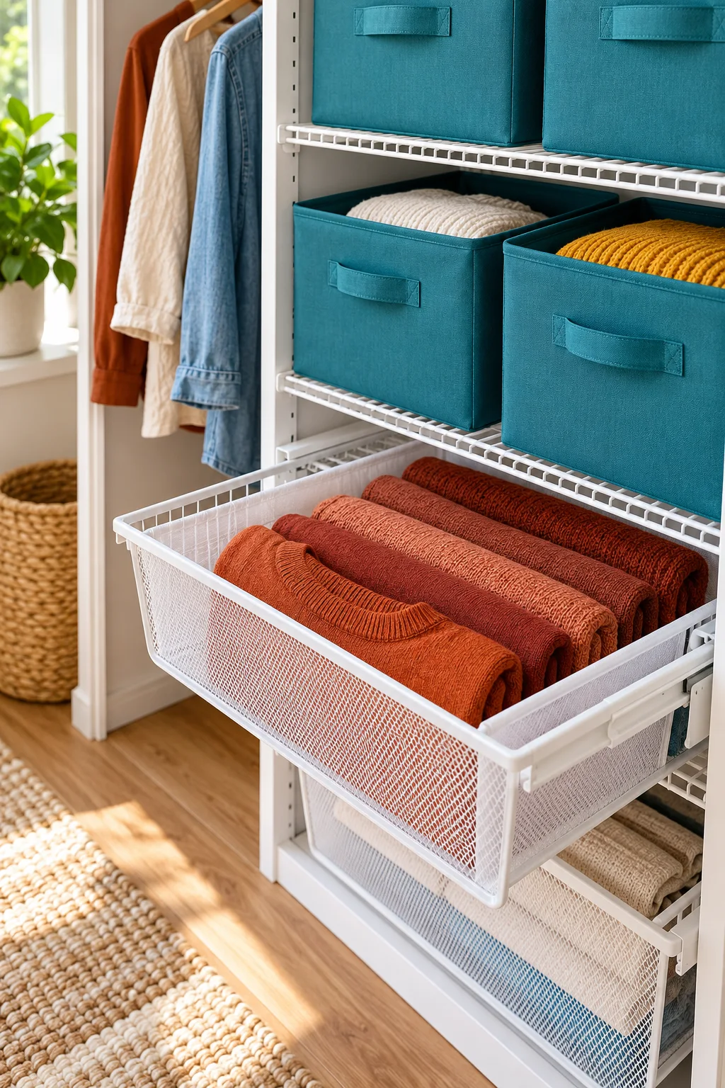 Teal fabric bins on wire shelves above an open lined mesh drawer of terracotta sweaters.
