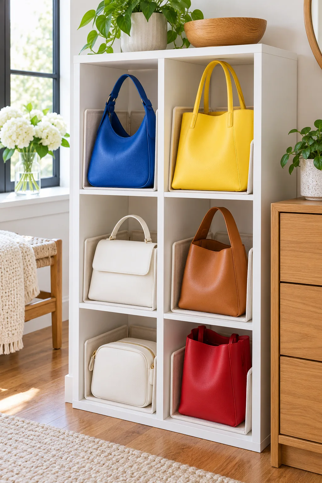 White cubby shelf holding separate cobalt, yellow, white, tan and red handbags.