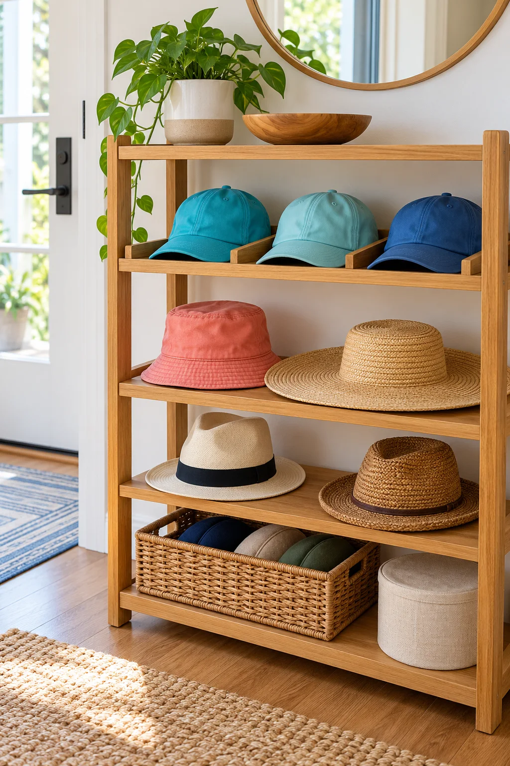 Oak shelves organizing aqua caps, a coral bucket hat and straw hats with room around their brims.