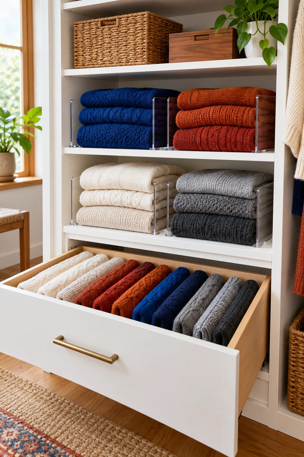 Cobalt and rust sweaters in short divided shelf stacks above an open drawer of file-folded knits.