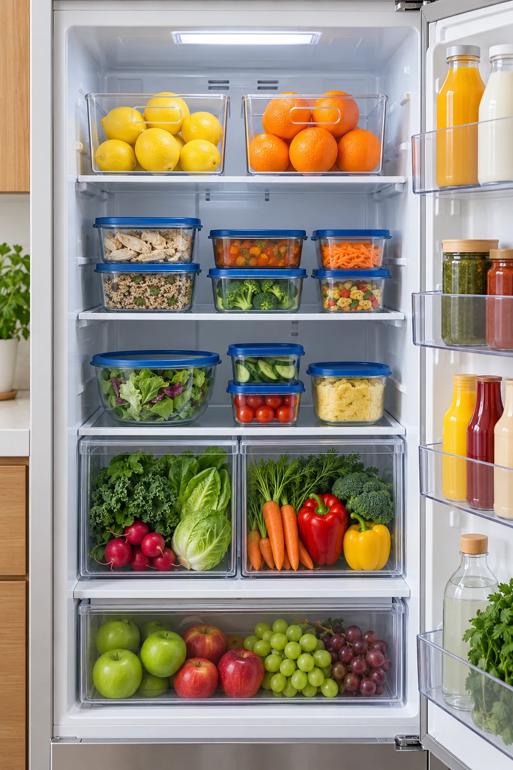 Open refrigerator with citrus bins, blue-lidded leftovers and vegetables in clear crispers.
