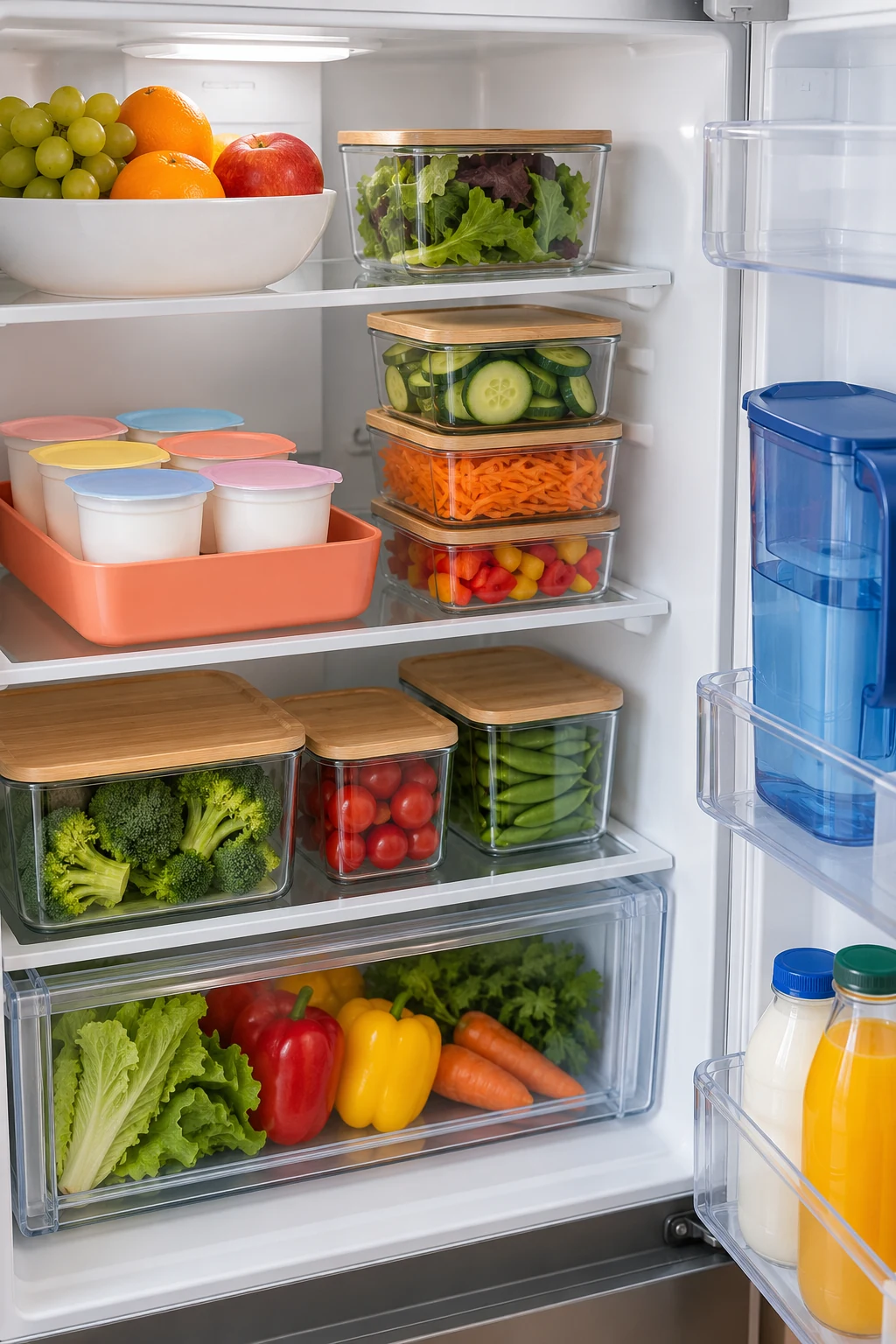 Refrigerator shelves with a coral yogurt tray, sealed prepared vegetables and a blue door pitcher.