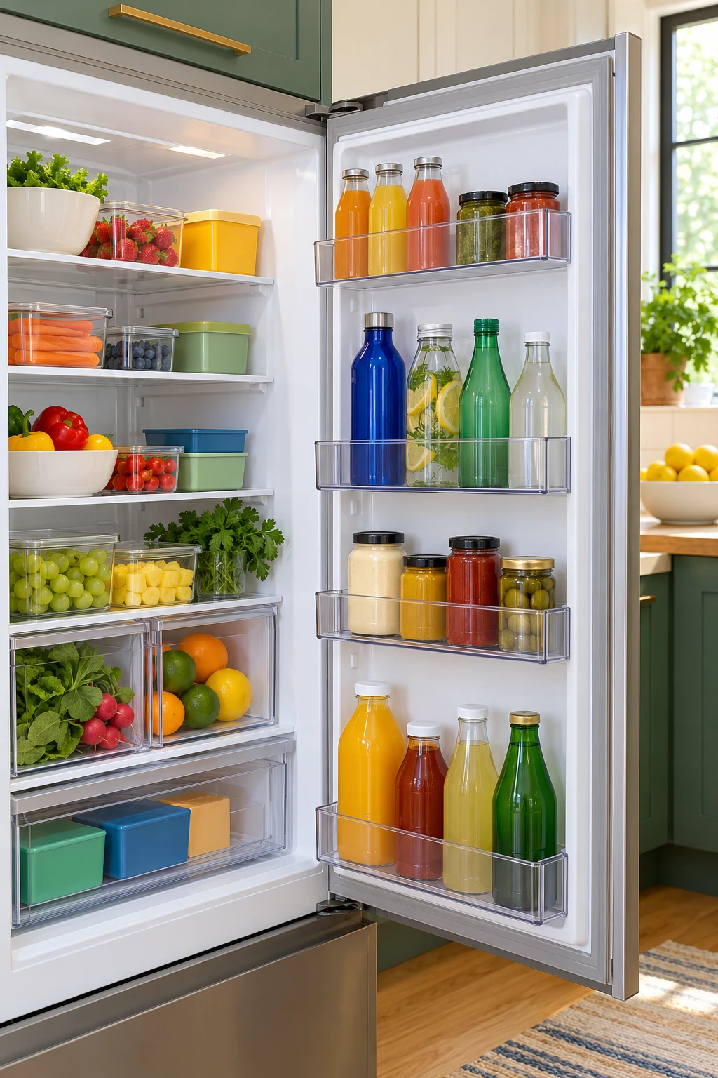 Open refrigerator door with secure clear bins of unlabelled drinks, condiments and a cobalt water bottle.