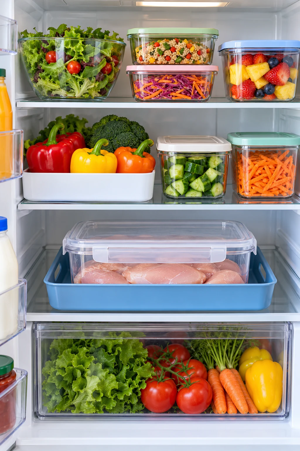 Raw chicken sealed inside a leakproof container and blue tray below separate prepared-food shelves.