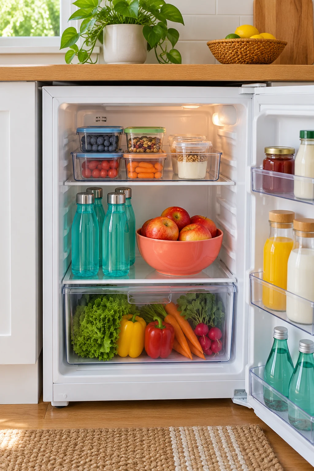 Small refrigerator with snack containers, aqua bottles and apples in a coral bowl.