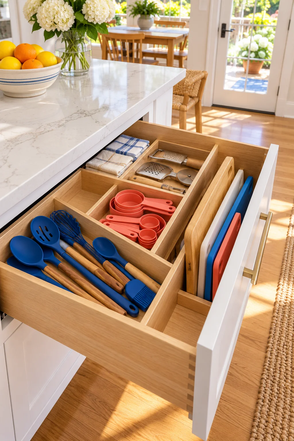 Divided oak kitchen island drawer with cobalt utensils, coral measuring cups and cutting boards.