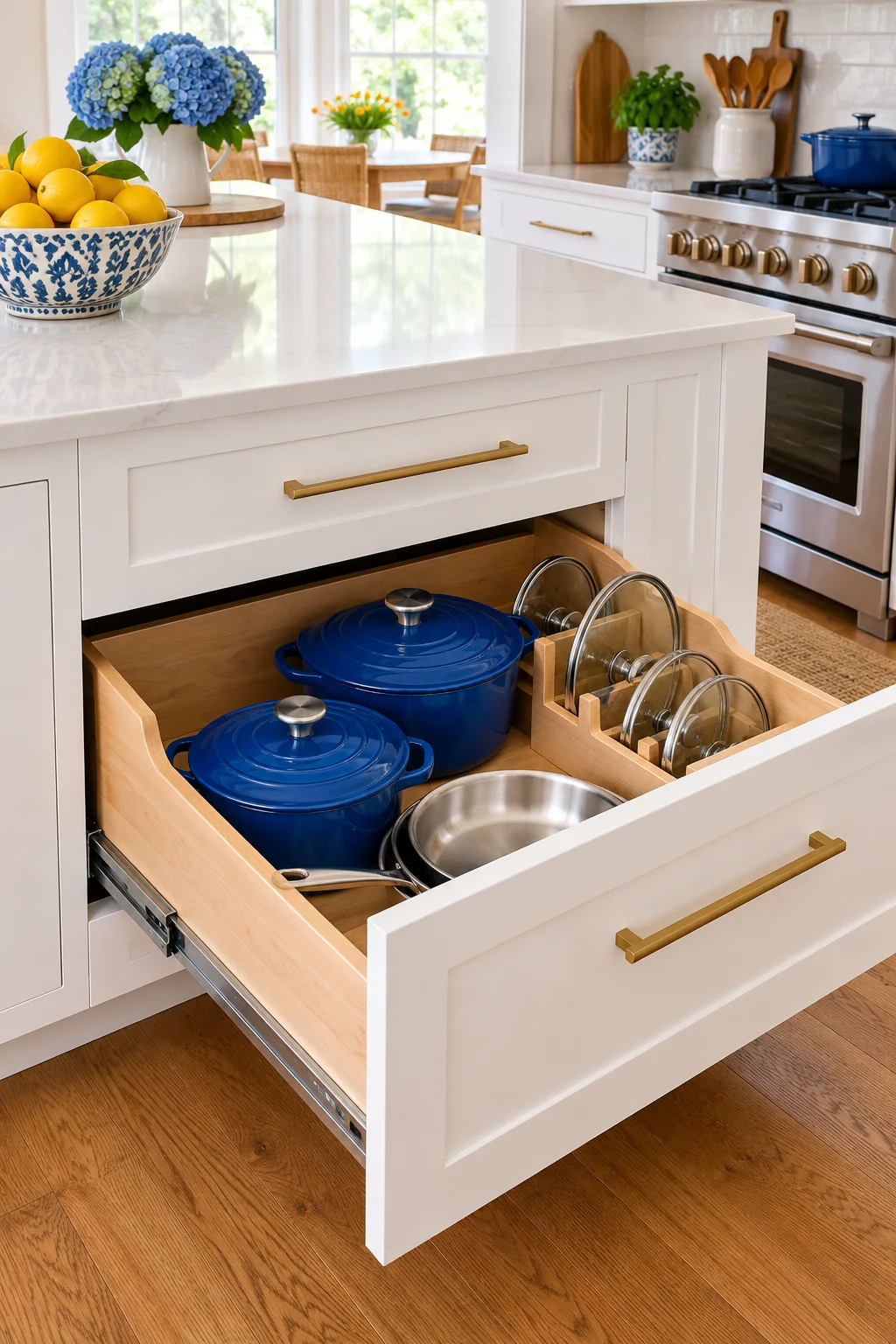 Deep kitchen island drawer holding blue pots, nested pans and upright glass lids on visible drawer runners.