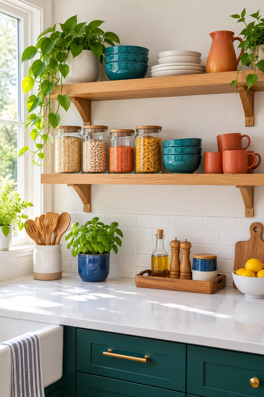 Oak kitchen shelves with glass food jars, teal bowls and terracotta mugs above a bright white counter.