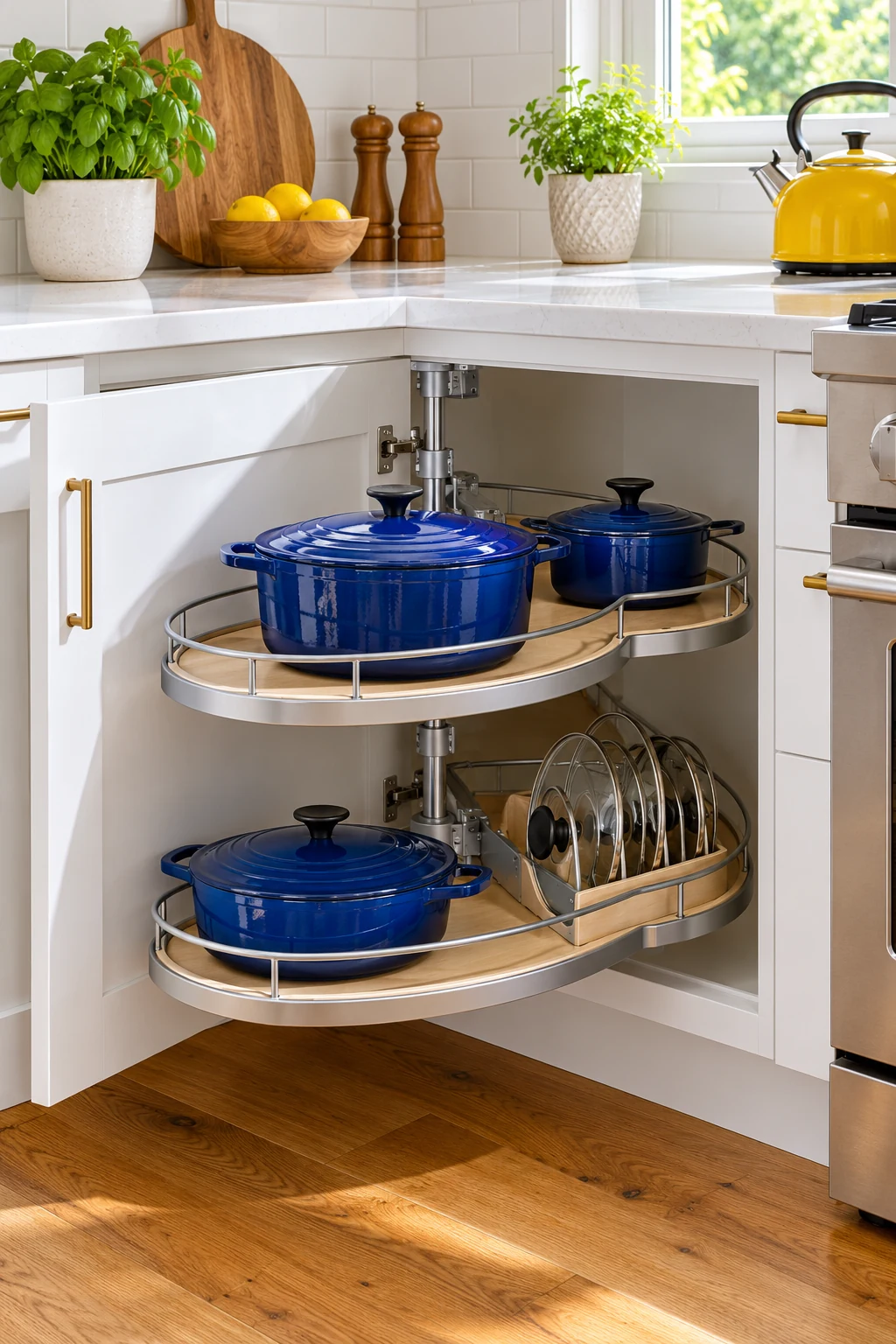 Corner kitchen cabinet with swing-out shelves holding cobalt pots and divided lids.