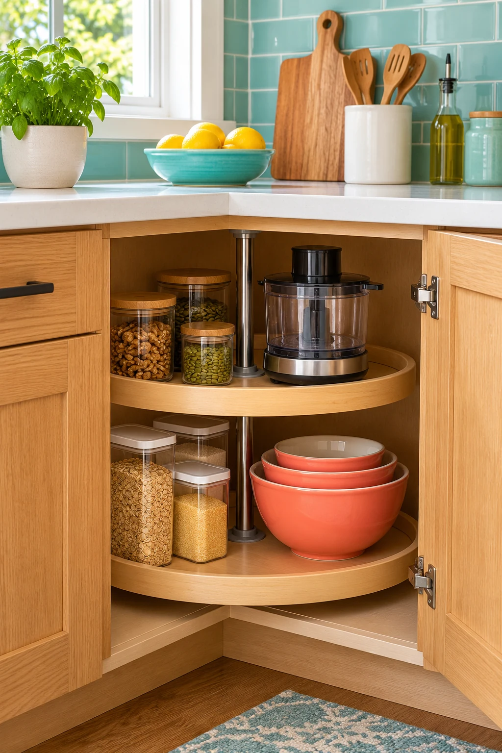 Two-tier rotating corner cabinet with clear food containers, coral bowls and a food processor.