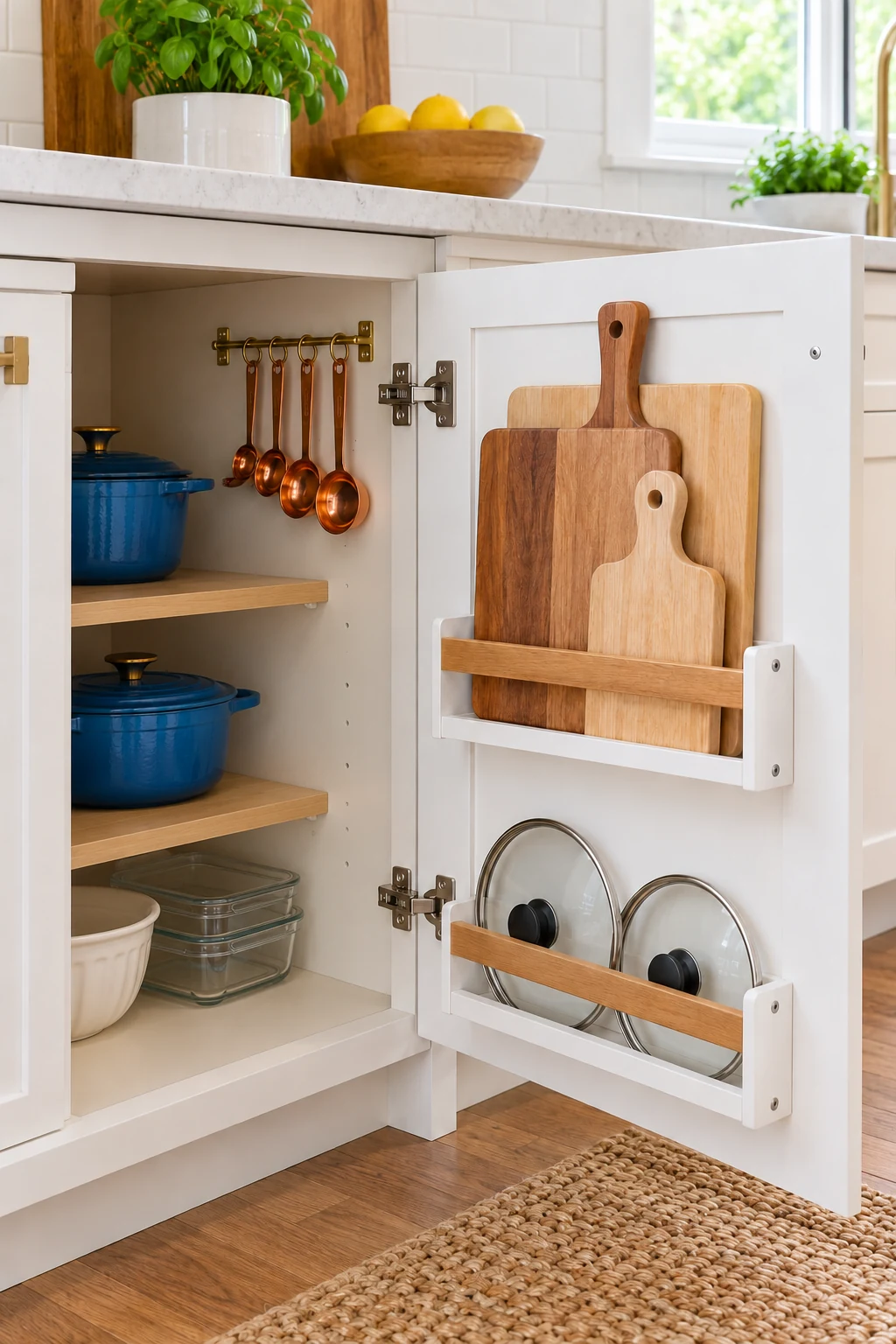 White cabinet door with wooden cutting-board and pot-lid racks beside blue pots.