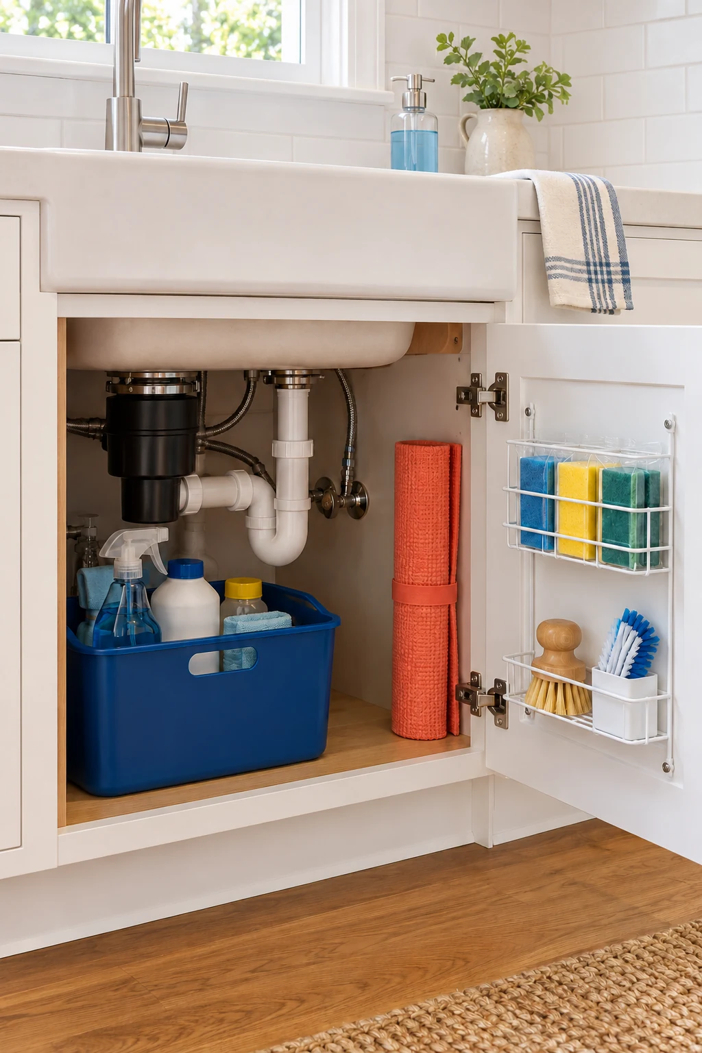 Organized sink cabinet with a blue cleaning caddy, coral mat and door-mounted sponge racks.