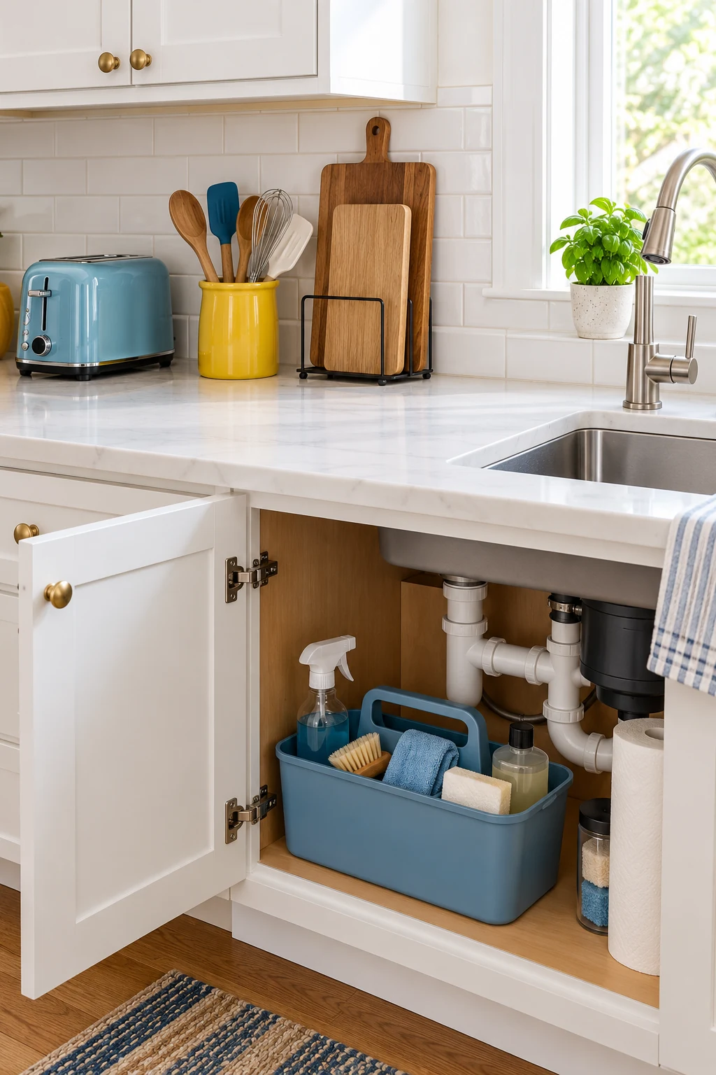 Bright kitchen worktop with a blue toaster and yellow utensil crock above an organized sink cabinet.