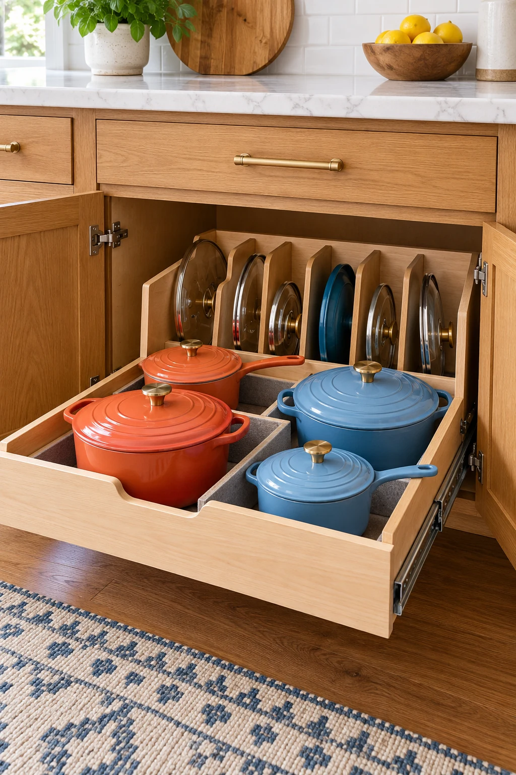 Pull-out cabinet tray with coral and blue pots, soft dividers and upright lid storage.