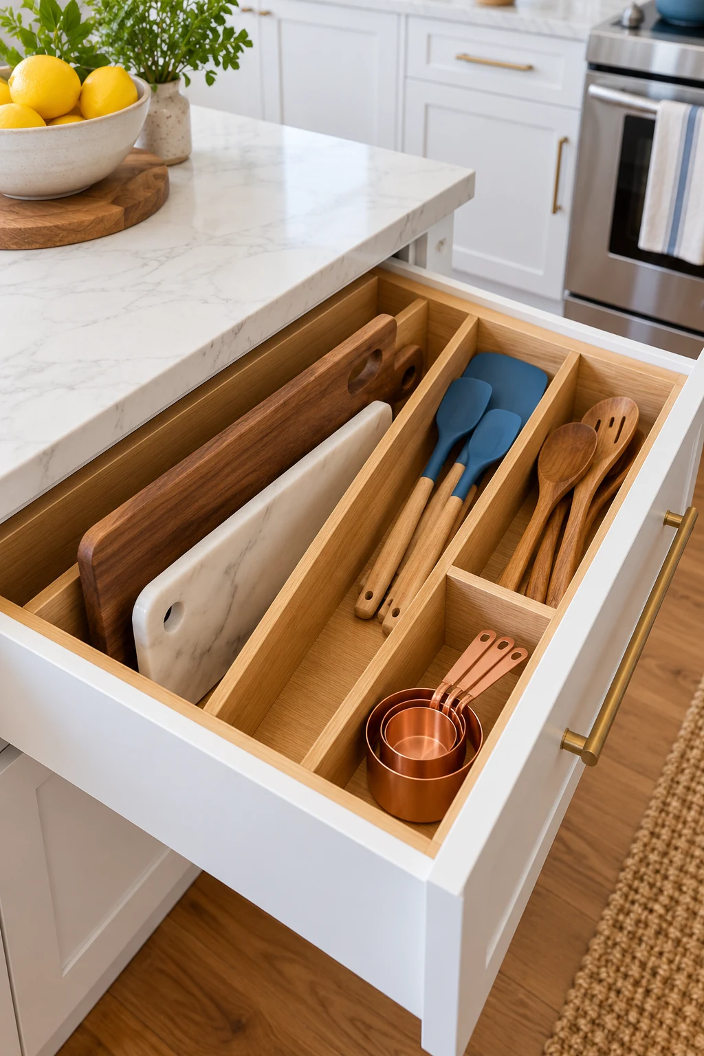 Divided island drawer storing cutting boards, blue spatulas, wooden spoons and copper measuring cups.