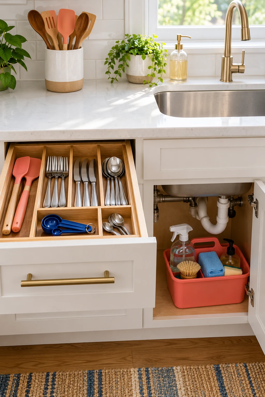 Coral and blue utensils in a divided drawer beside a sink cabinet with a cleaning caddy.