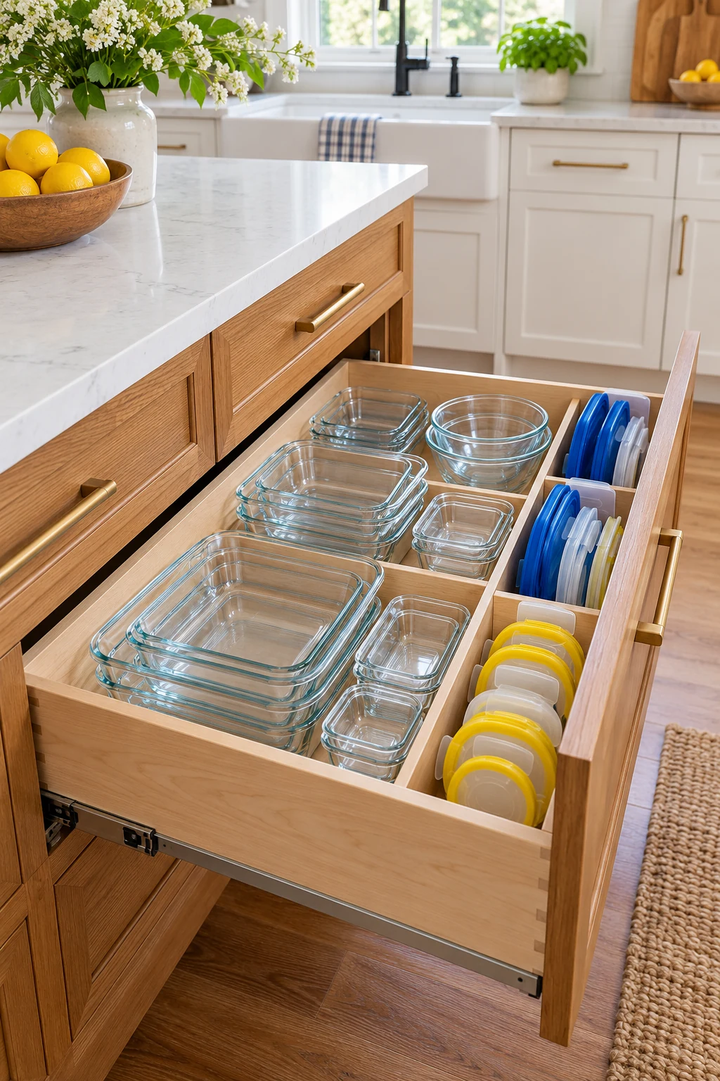 Deep island drawer with nested clear food containers and blue and yellow lids in side dividers.