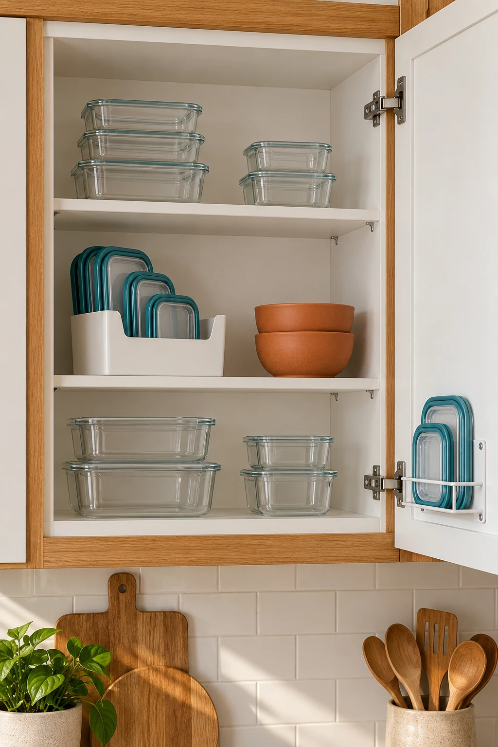 Open white cabinet with clear food boxes, teal-edged lids and terracotta bowls.