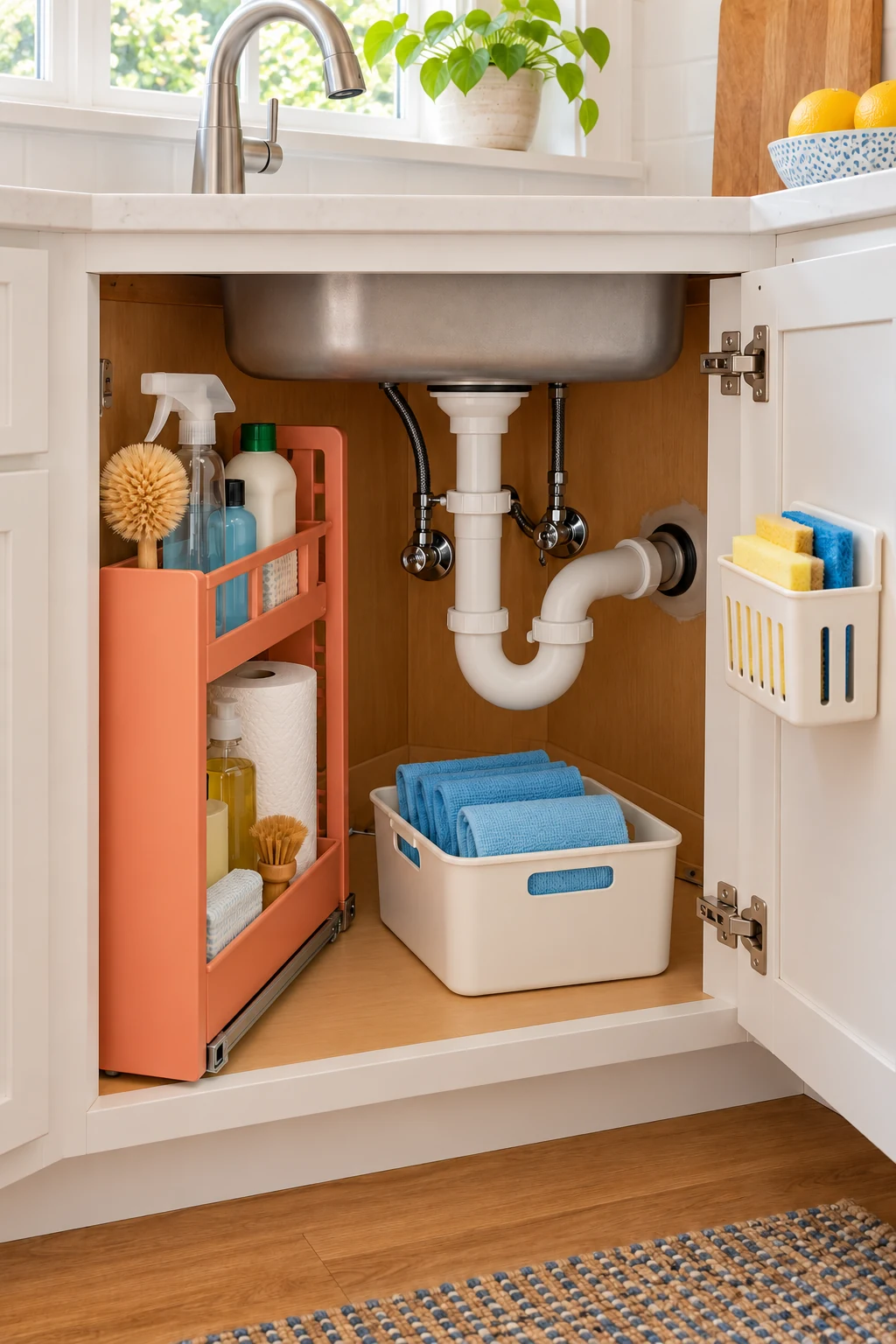 Corner sink cabinet with a coral pull-out cleaning organizer, blue cloths and accessible plumbing.
