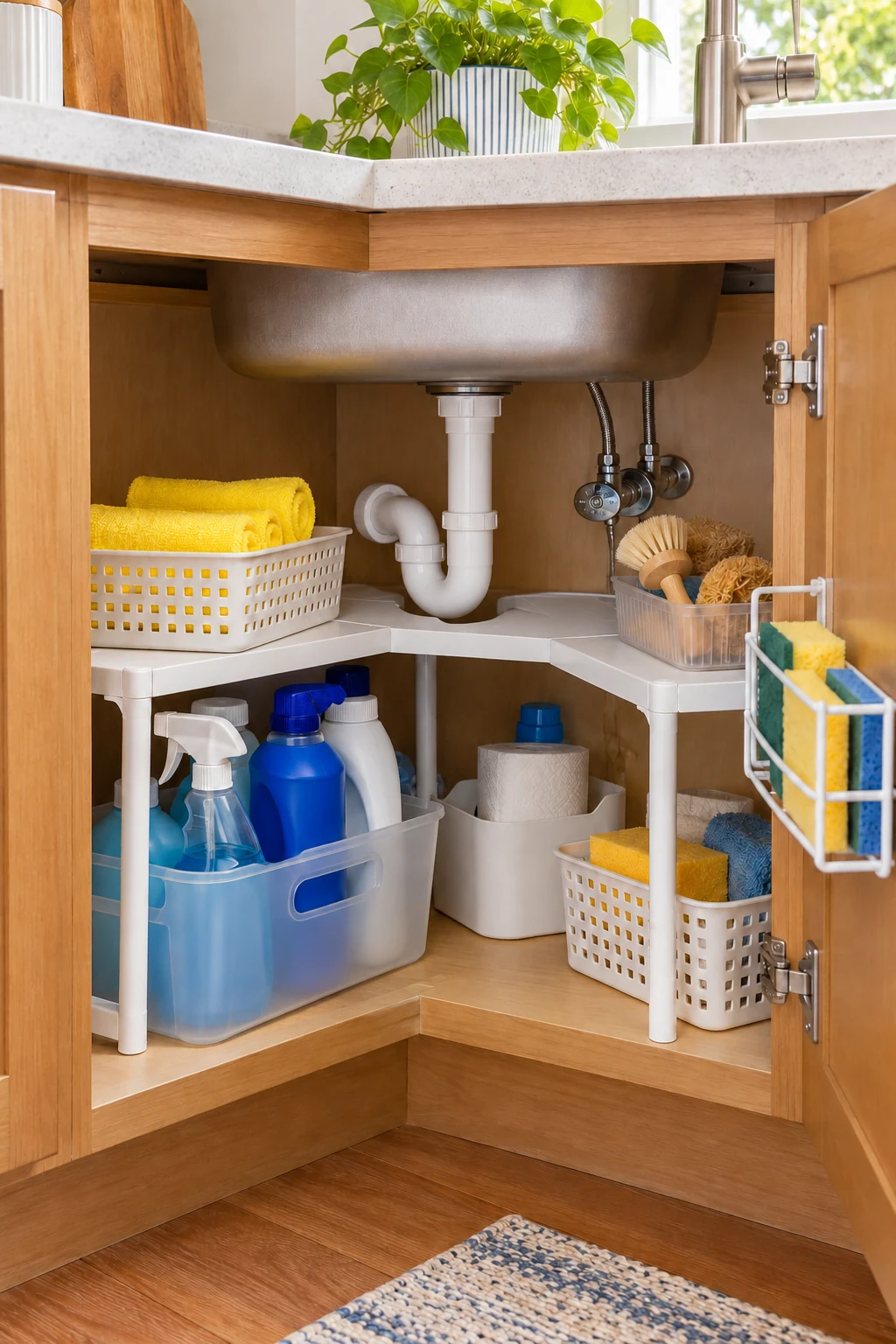 Corner sink cabinet with a white shelf around the drain, blue cleaning bottles and yellow cloths.