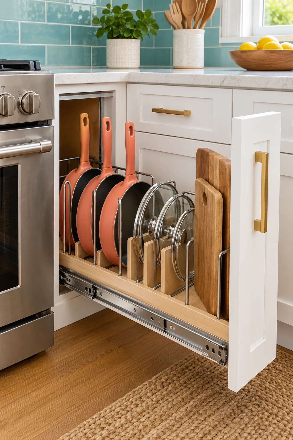 Pull-out kitchen rack with coral pans, glass lids and upright wooden cutting boards.