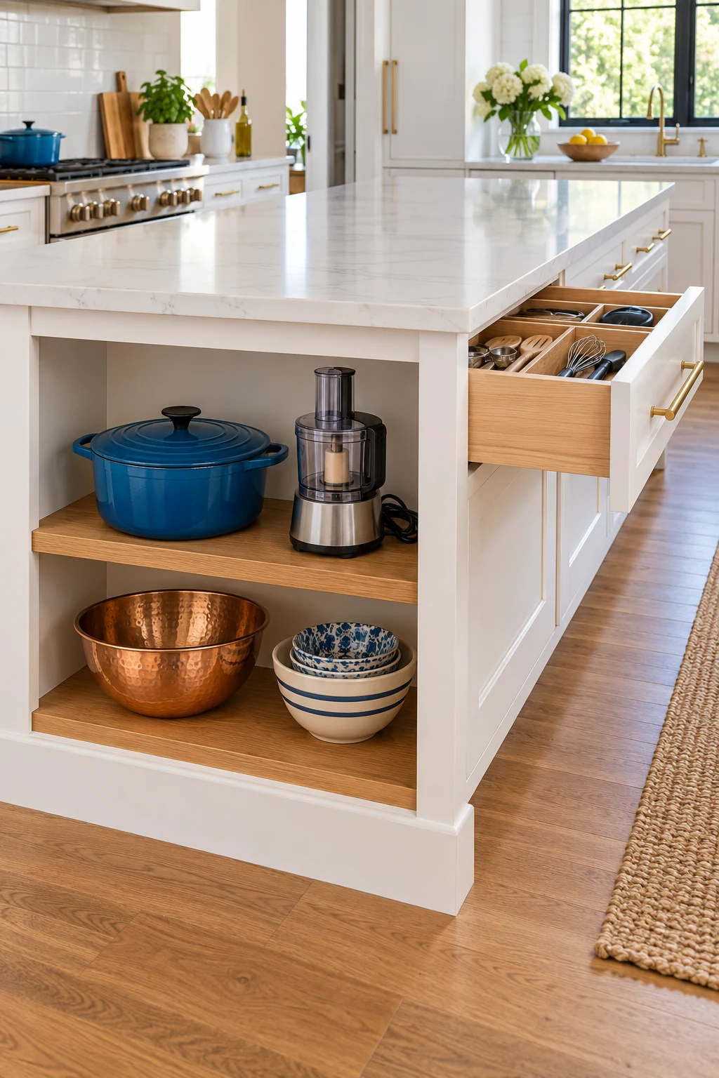 White kitchen island with open oak shelves, a blue Dutch oven and food chopper beside a divided utensil drawer.